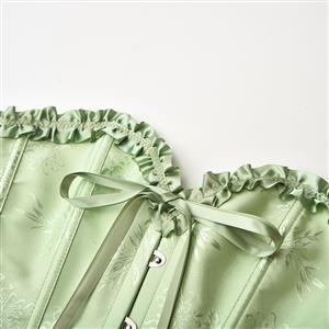 Victorian Gothic Grass Green Brocade Plastic Boned Ruffle Waist Cincher Body Shaper Overbust Corset N22409