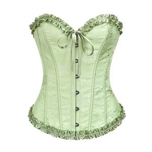 Victorian Gothic Grass Green Brocade Plastic Boned Ruffle Waist Cincher Body Shaper Overbust Corset N22409