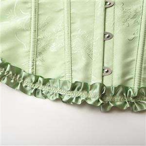 Victorian Gothic Grass Green Brocade Plastic Boned Ruffle Waist Cincher Body Shaper Overbust Corset N22409