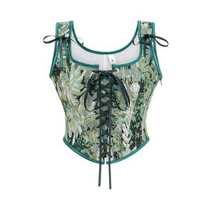 Women's Green Corset, Floral Jacquard Bustier, Square Neck Top, Front Lace Up, Shoulder Ties, Vintage Inspired, Structured Boning, Nature Print, Romantic Style, High Waist Match, Chic Outfit, Women's Fashion, Waist Cincher, Statement Top, Evening Wear #N23965