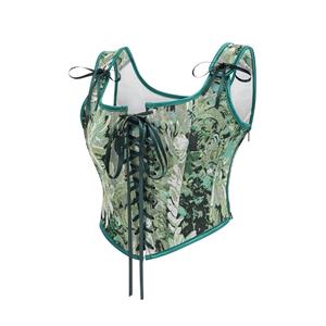 Women's Green Floral Jacquard Corset Top Square Neck Front Lace-Up Shoulder Ties N23965
