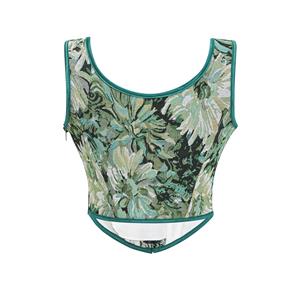 Women's Green Floral Jacquard Corset Top Square Neck Front Lace-Up Shoulder Ties N23965