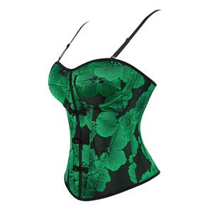 Green Floral Bustier with Chinese Frog Buttons, Back Lace-Up Corset Top & Adjustable Straps N23862
