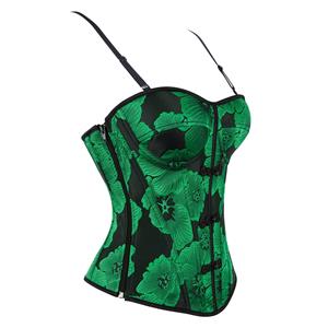 Green Floral Bustier with Chinese Frog Buttons, Back Lace-Up Corset Top & Adjustable Straps N23862