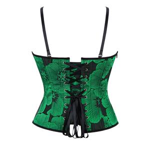 Green Floral Bustier with Chinese Frog Buttons, Back Lace-Up Corset Top & Adjustable Straps N23862