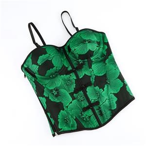 Green Floral Bustier with Chinese Frog Buttons, Back Lace-Up Corset Top & Adjustable Straps N23862