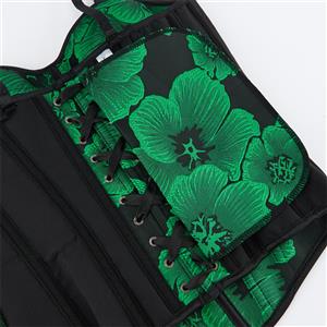 Green Floral Bustier with Chinese Frog Buttons, Back Lace-Up Corset Top & Adjustable Straps N23862