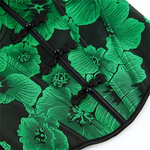 Green Floral Bustier with Chinese Frog Buttons, Back Lace-Up Corset Top & Adjustable Straps N23862