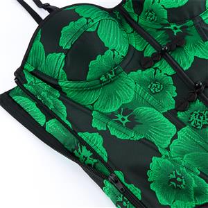 Green Floral Bustier with Chinese Frog Buttons, Back Lace-Up Corset Top & Adjustable Straps N23862