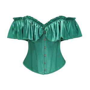 gothic corset top, off-shoulder bustier, ruffled sleeve top, green vintage corset, lace-up bustier, romantic gothic clothing, stretch satin corset, dramatic evening top, adjustable corset top, victorian style top #N23908