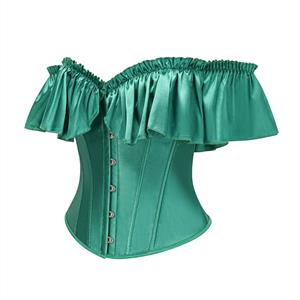 Green Gothic Corset Top - Ruffled Off-Shoulder Bustier with Metal Ring Lacing N23908