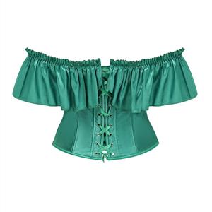 Green Gothic Corset Top - Ruffled Off-Shoulder Bustier with Metal Ring Lacing N23908