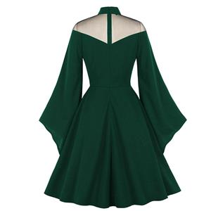 Green Gothic See-through Mesh Patchwork Stand Neck Flare Sleeve Vampire Retro Midi Dress N23000