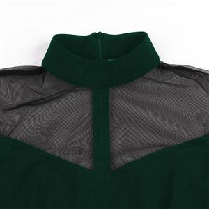 Green Gothic See-through Mesh Patchwork Stand Neck Flare Sleeve Vampire Retro Midi Dress N23000