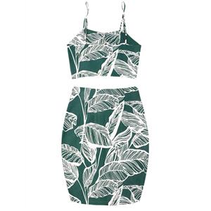 Charming Green Leaf Print Button Tank Top Bodycon Skirt Set N17965