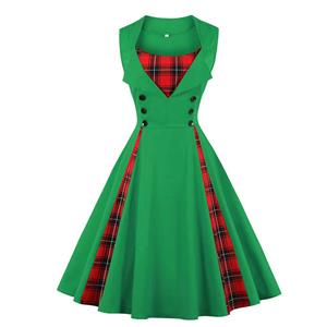 Women's Green Vintage Tartan Plaid Patchwork Sleeveless Casual Cocktail Dress N22984