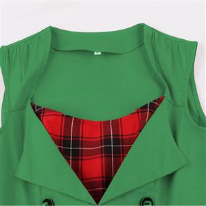 Women's Green Vintage Tartan Plaid Patchwork Sleeveless Casual Cocktail Dress N22984