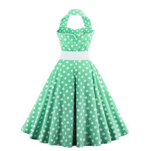 Vintage Wave Point Printing Green Hanging Neck Backless Cocktail Party Midi Dress N23001