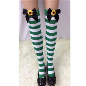 Lovely Green-white Strips Black Bowknot with Sunflower Maid Cosplay Stockings HG18556