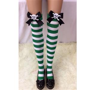 Halloween Green-white Strips Black Bowknot with Skeleton Maid Cosplay Stockings HG18561