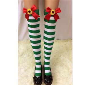 Lovely Stockings, Sexy Thigh Highs Stockings, Green-white Strips Cosplay Stockings, Red  Bowknot with Sunflower Cosplay Thigh High Stockings, Stretchy Nightclub Knee Stockings, #HG18555