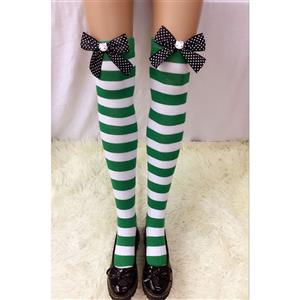 Lovely Green-white Strips Spots Bowknot with Cartton Cat Maid Cosplay Stockings HG18559