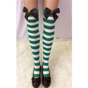 Lovely Green-white Strips Spots Bowknot with Cherry Maid Cosplay Stockings HG18558