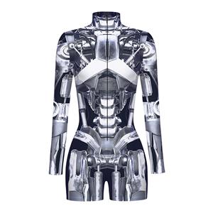 Grey Robot 3D Printed High Neck Long Bodycon Jumpsuit Halloween Costume N22341