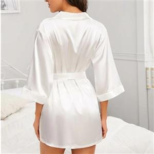 4Pcs Fashion White Satin Half Sleeve Belt Nightgown Robe Triangle Bra And Panties Set N20697