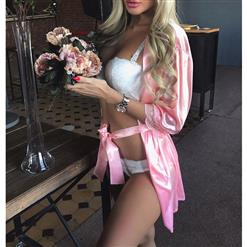 Fashion Pink Half Sleeve Lace Trim Satin Nightgown Sleepwear Robe with G-string N17453