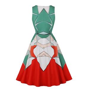 Halloween New Women's Geometric Pattern Sleeveless Waist Retro Large Swing Round Neck Dress N23441