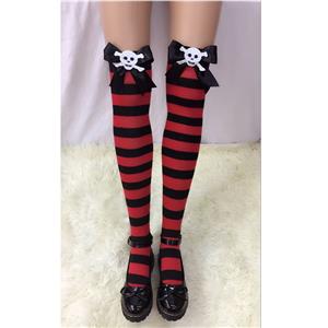 Halloween Stockings, Sexy Thigh Highs Stockings, Red-black Strips Cosplay Stockings, Black  Bowknot with Skeleton Cosplay Thigh High Stockings, Stretchy Nightclub Knee Stockings, #HG18540