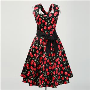 1950's Vintage Halter Cherry Print Casual Swing Dress N11925