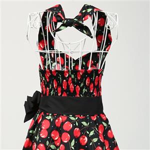 1950's Vintage Halter Cherry Print Casual Swing Dress N11925