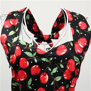 1950's Vintage Halter Cherry Print Casual Swing Dress N11925