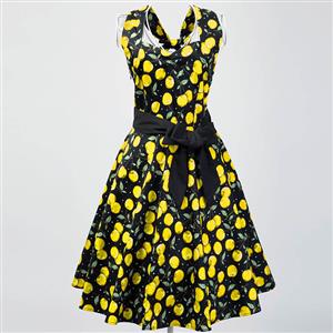 1950's Vintage Halter Cherry Print Casual Swing Dress N11926