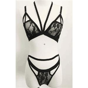 Sexy Black Halter Cut Out Lace Bra and High Waist Panty Lingerie Set N17668