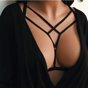 Sexy Black Halter Strappy Bandage Adjustable Shoulder Straps Bra Top Hollow Out Lingerie N21286