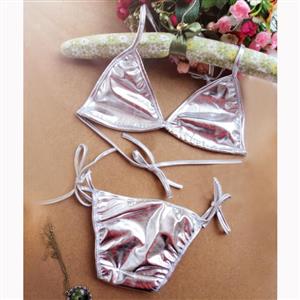 Sexy Silver Halter Lace-up Faux Leather Bra Top and Panty Bikini Lingerie Set N16554