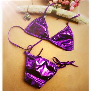 Sexy Purple Halter Lace-up Faux Leather Bra Top and Panty Bikini Lingerie Set N16555