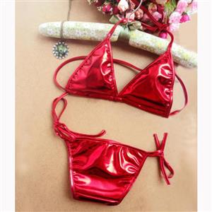 Sexy Red Halter Lace-up Faux Leather Bra Top and Panty Bikini Lingerie Set N16558