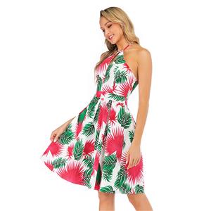 Fashion Casual Halter Frock Tropical Coconut Palm Beach Summer Day Swing Dress N19039