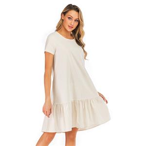 Fashion Casual Ruffle Hemline Crew Neck Loose Waist Frock Summer Day Dress N19040