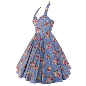 Women's Blue Floral Halterneck Retro Dress N23519