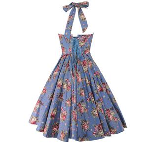 Women's Blue Floral Halterneck Retro Dress N23519