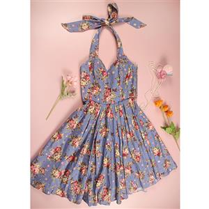 Women's Blue Floral Halterneck Retro Dress N23519