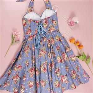 Women's Blue Floral Halterneck Retro Dress N23519