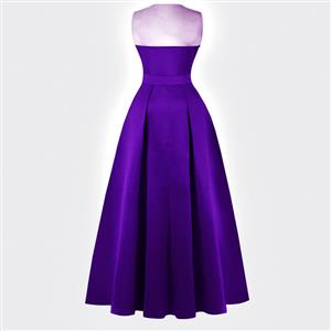 Women's Vintage Elegant Purple Round Neck Sleeveless High Waist Mesh Splicing Prom Gowns N16273