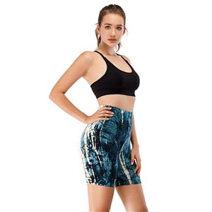 Women's Fashion Tie-dye Blue High Waist Nude Yoga Pants Sport Fitness Tight Shorts PT20507