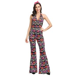 1960s Adult Hippie Hottie One-piece Groovy Disco Dancing Flared Jumpsuit Halloween Costume N19123